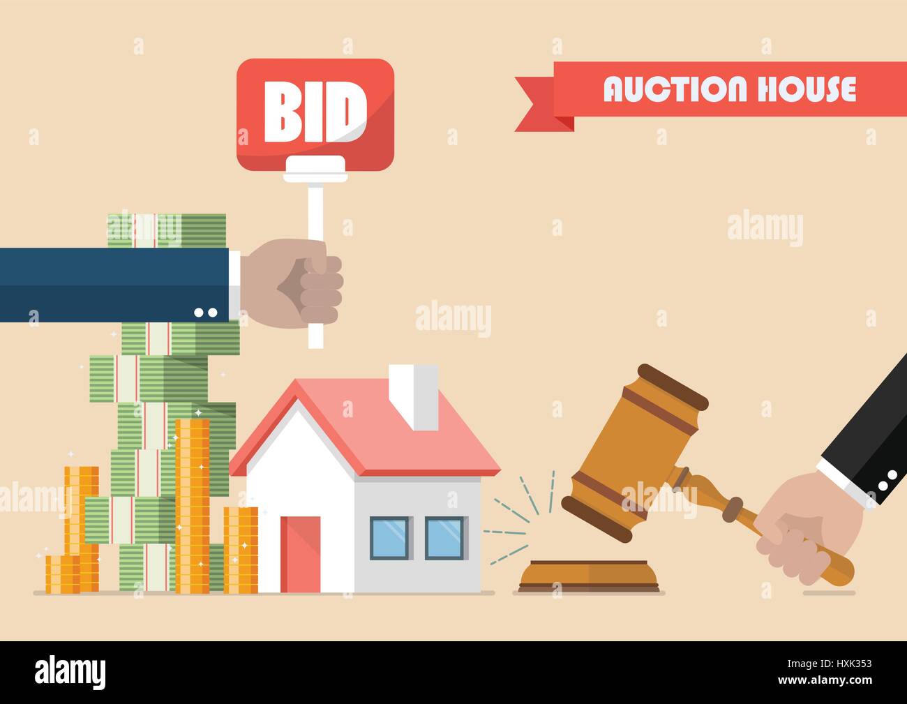 Buying selling house from auction. Vector illustration Stock Vector