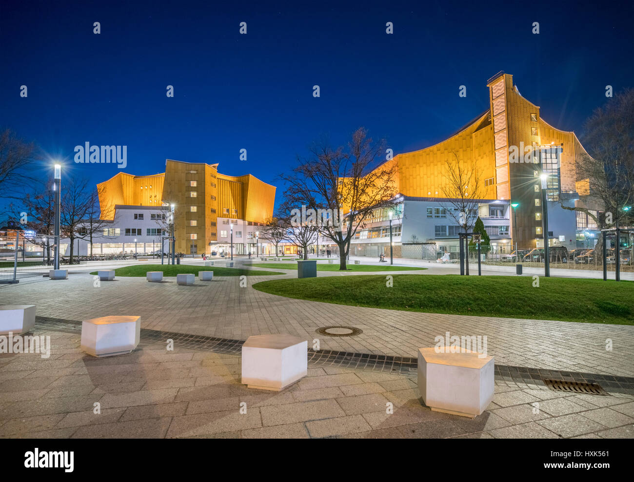 Night view of Berlin Philharmonie concert halls, home of Berlin Philharmonic orchestra in Berlin, Germany Stock Photo