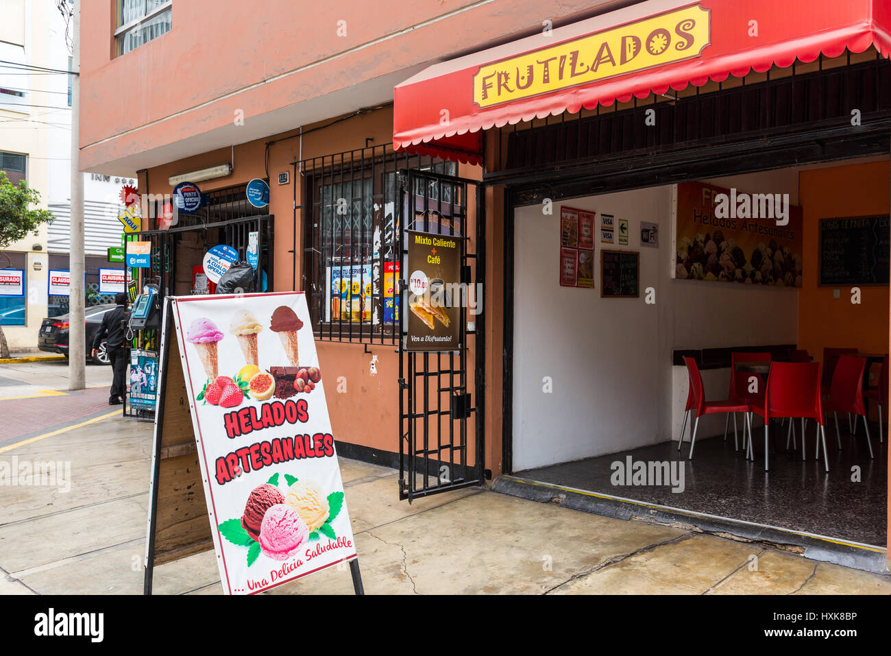 Colorful sign in front of an ice-cream shop. Lima, Peru. Stock Photo