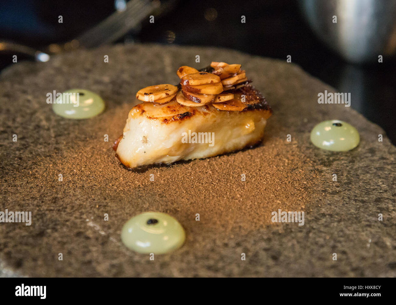 A piece of flame broiled fish with almond nuts served at the Maido Restaurant. Lima, Peru. Stock Photo