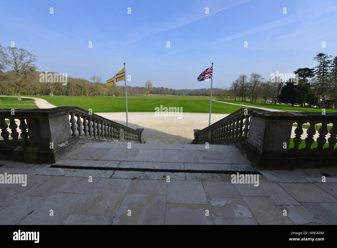 The of the parkland from the entrance of Lulworth castle on a spring afternoon in March. Stock Photo