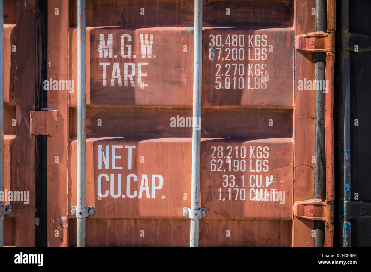 Old red container with weights and dimensions indications Stock Photo