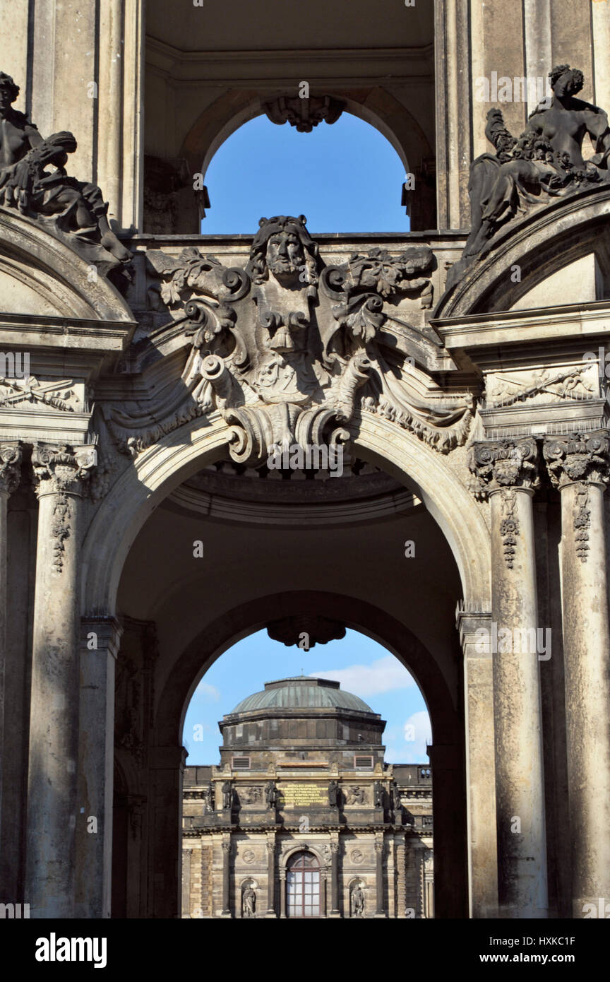 The Dresden Zwinger crown gate arch and Semper building in the background, Dresden, Saxony, Germany Stock Photo