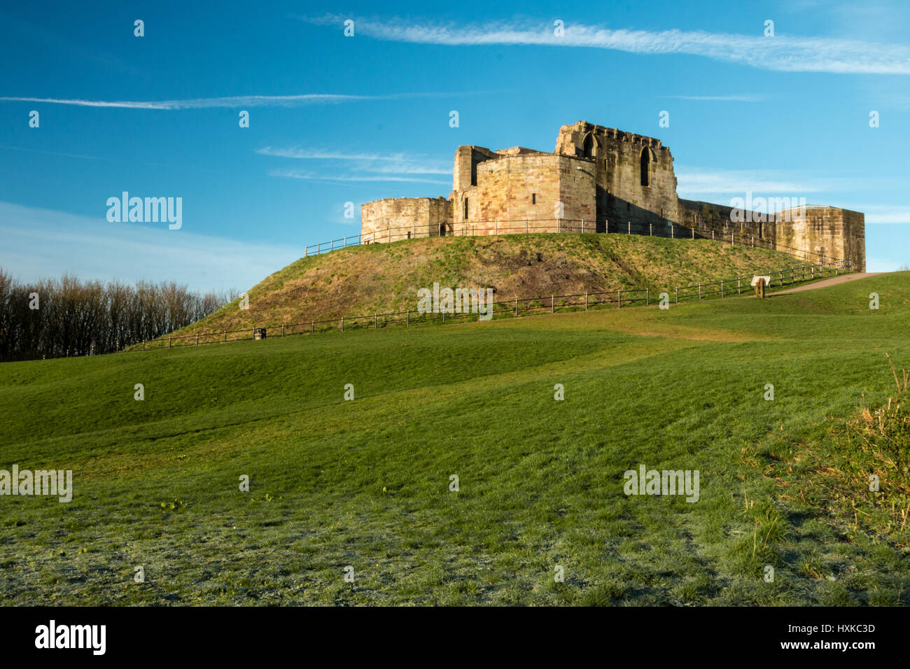 Stafford Castle in the early morning Spring light, on top of the motte on Castle Hill Stock Photo