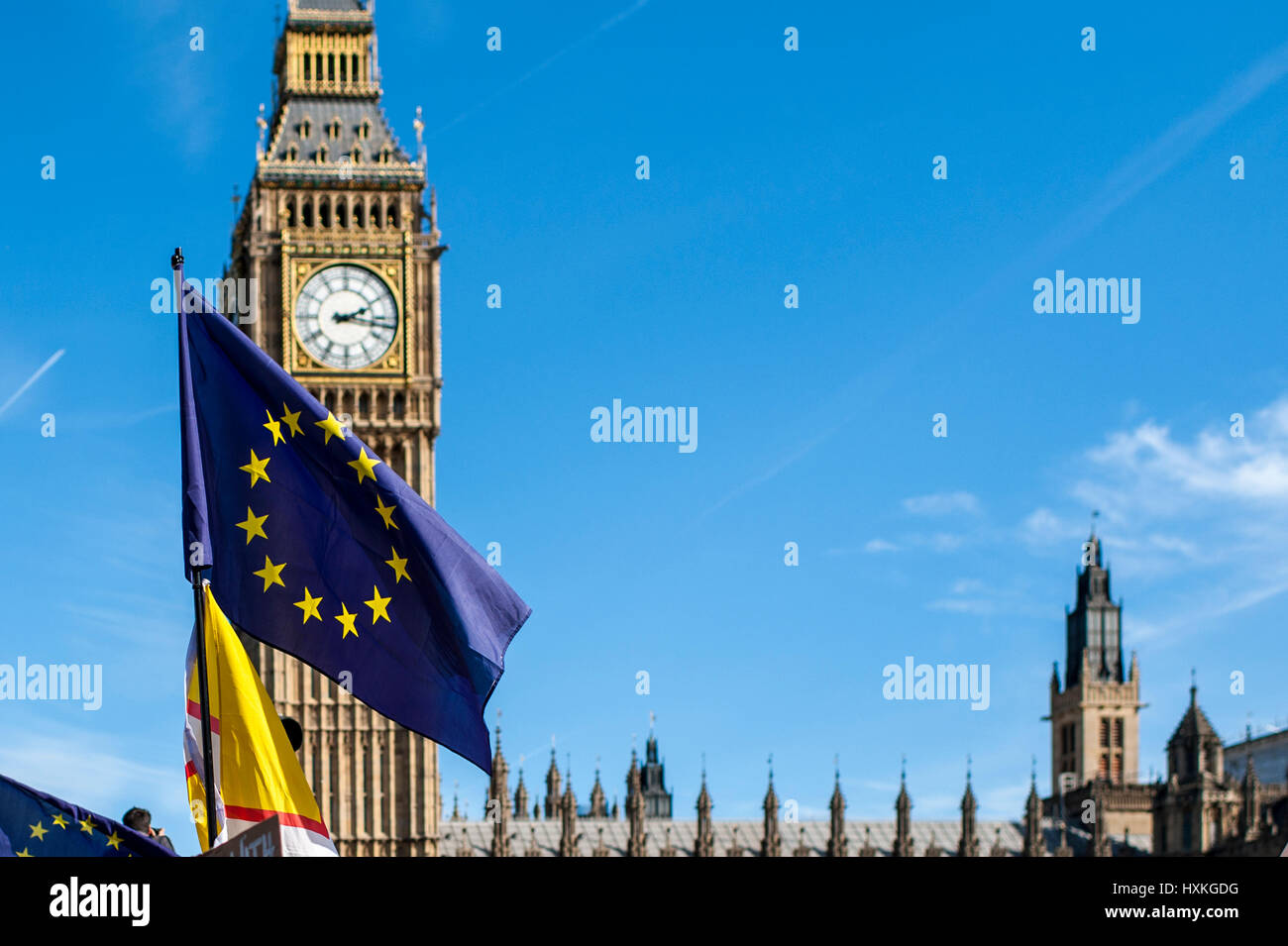 Eu flag with Big Ben in the Background. Image is taken during the March for Europe in London on the 26th March 2017. Stock Photo