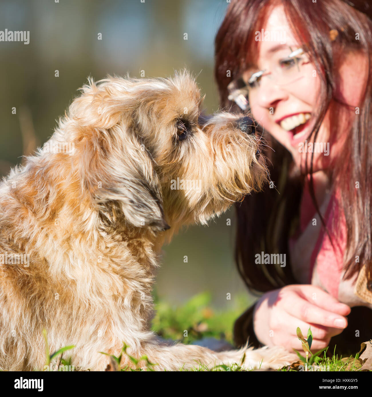 portrait of a young woman lying with her dog in the grass Stock Photo ...