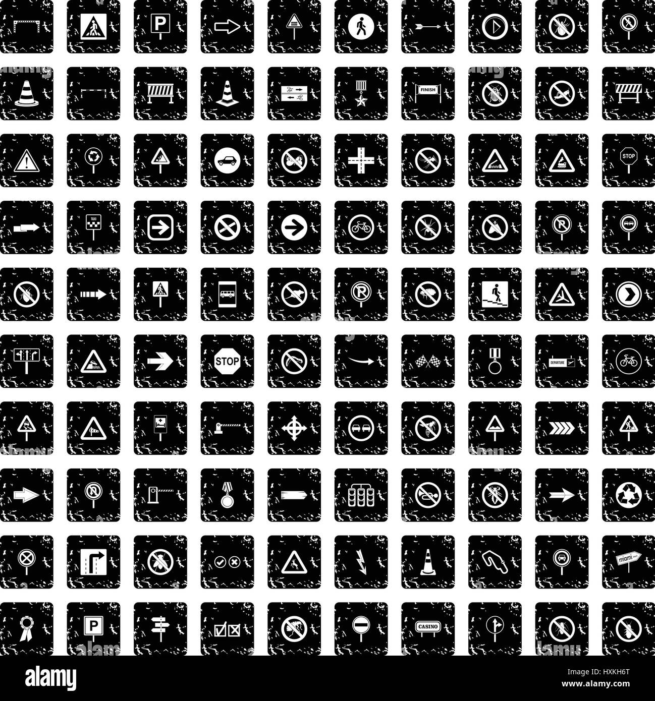 100 road signs icons set, grunge style Stock Vector