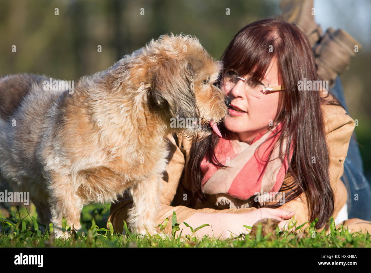 portrait of a young woman lying with her dog in the grass Stock Photo ...