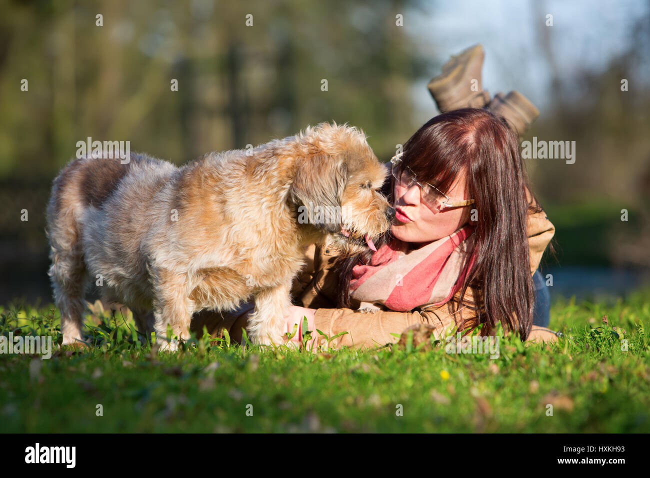 portrait of a young woman lying with her dog in the grass Stock Photo ...