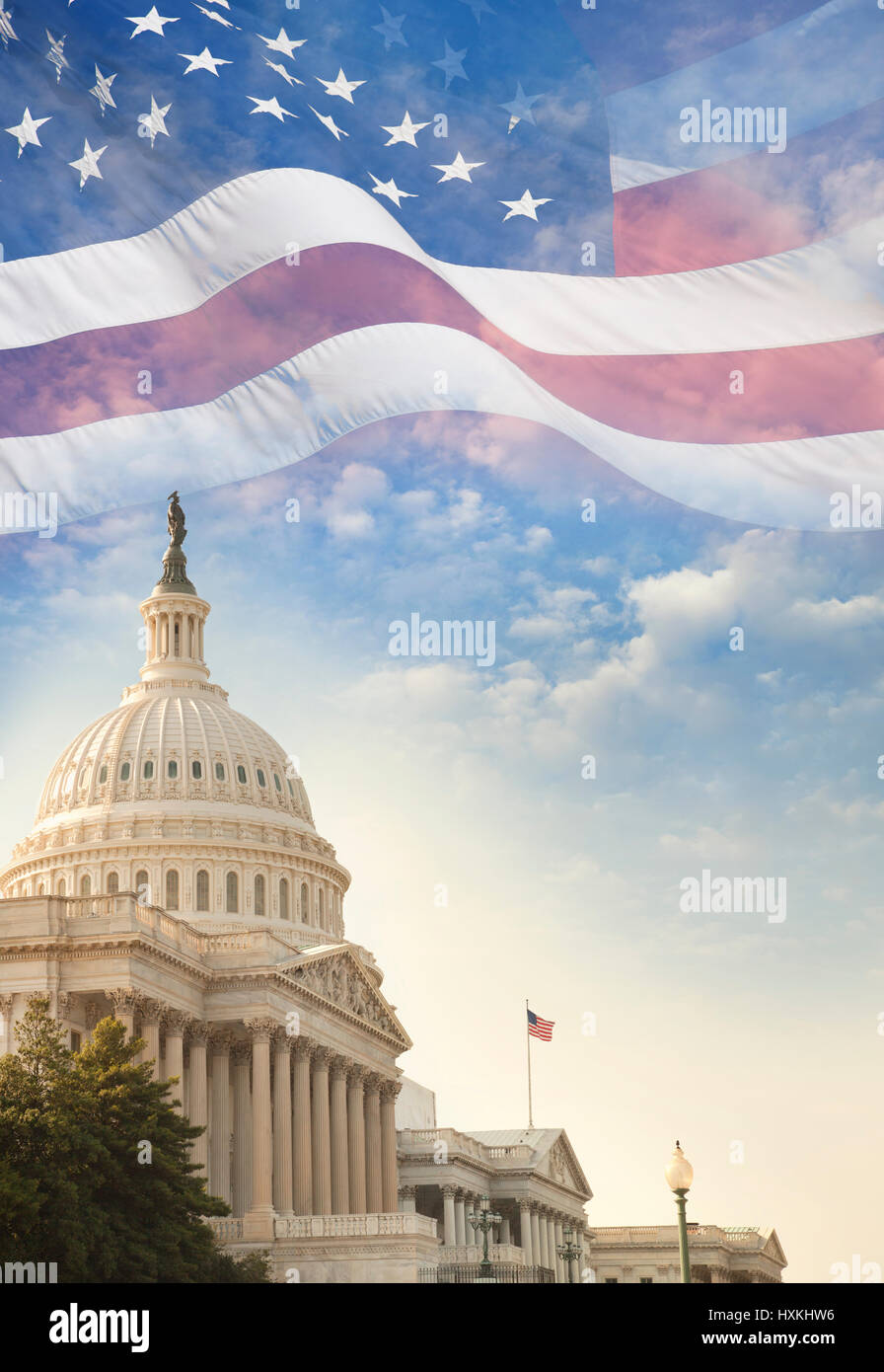The US Capitol building with a waving American flag superimposed on the ...