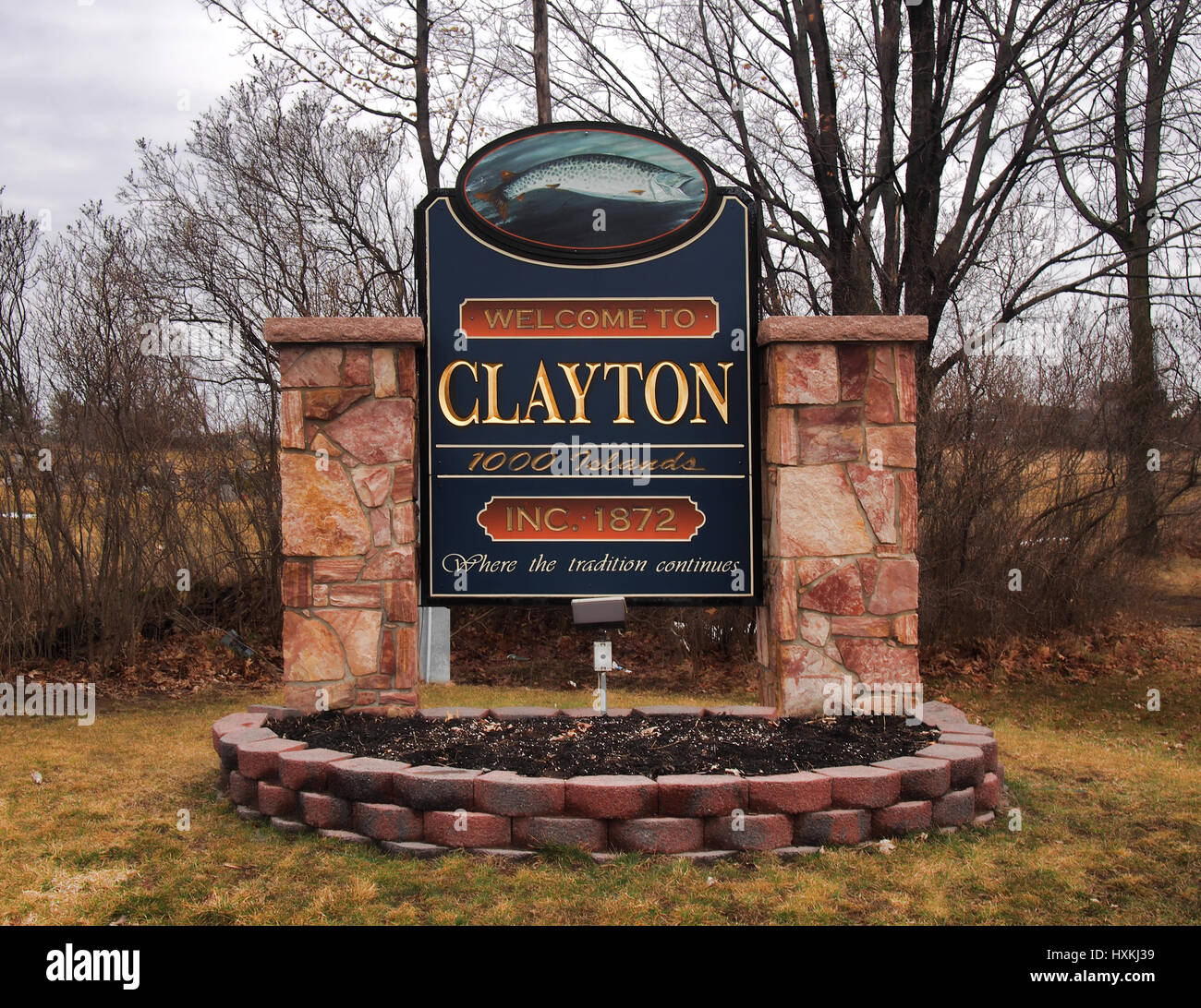 Clayton, New York, USA. March 29, 2017 . Welcome sign to the small town of Clayton, New York on the Saint Lawrence River in the Thousand Islands Stock Photo