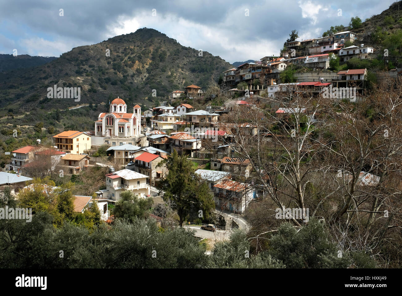 Picturesque village Moutoullas at the foot of the Troodos mountains, republic on Cyprus. Stock Photo