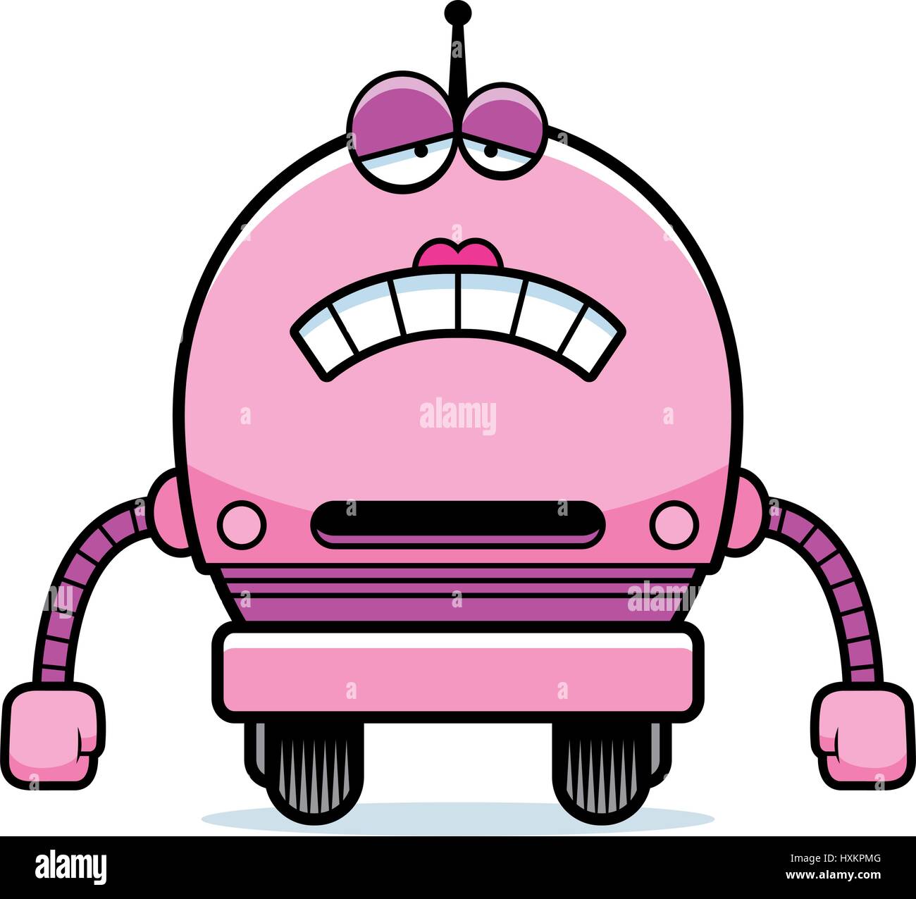 A cartoon illustration of a female pink robot looking sad. Stock Vector