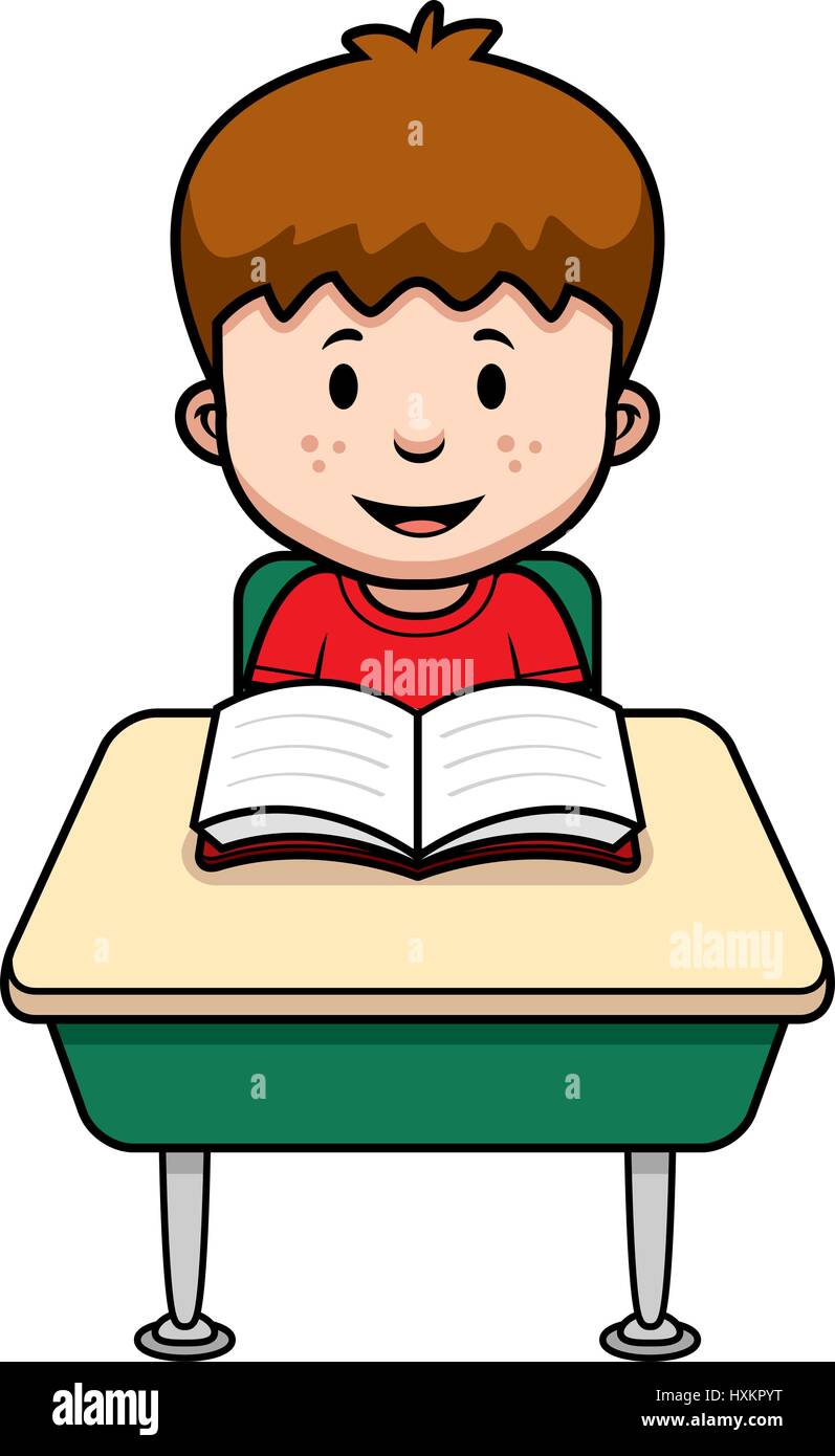 A cartoon illustration of a student at a desk in school. Stock Vector