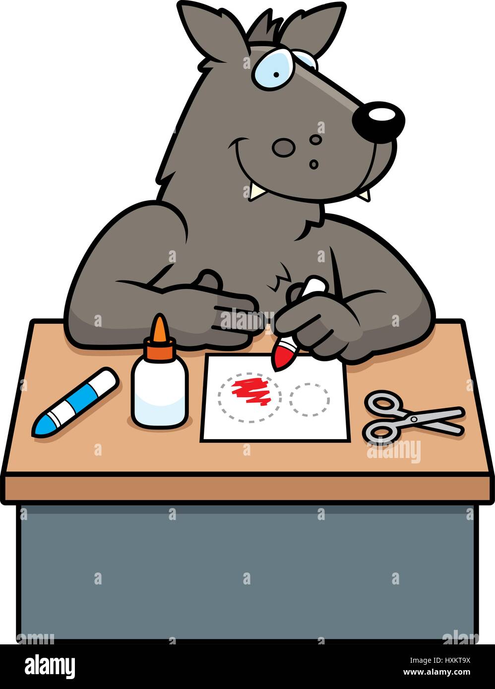 A cartoon illustration of a wolf doing arts and crafts. Stock Vector