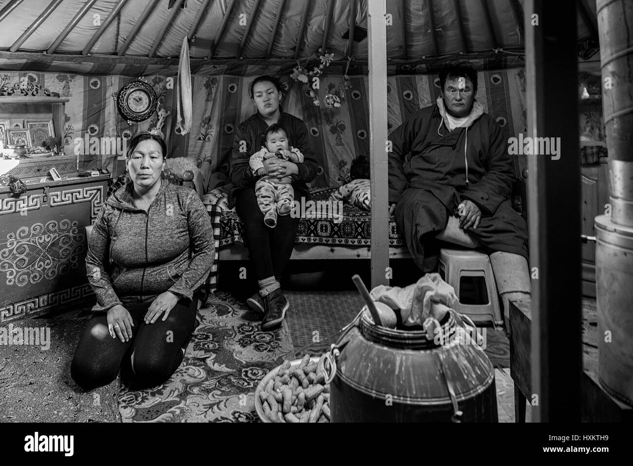Mongolian camel herder's family in their ger in the Gobi Desert of ...