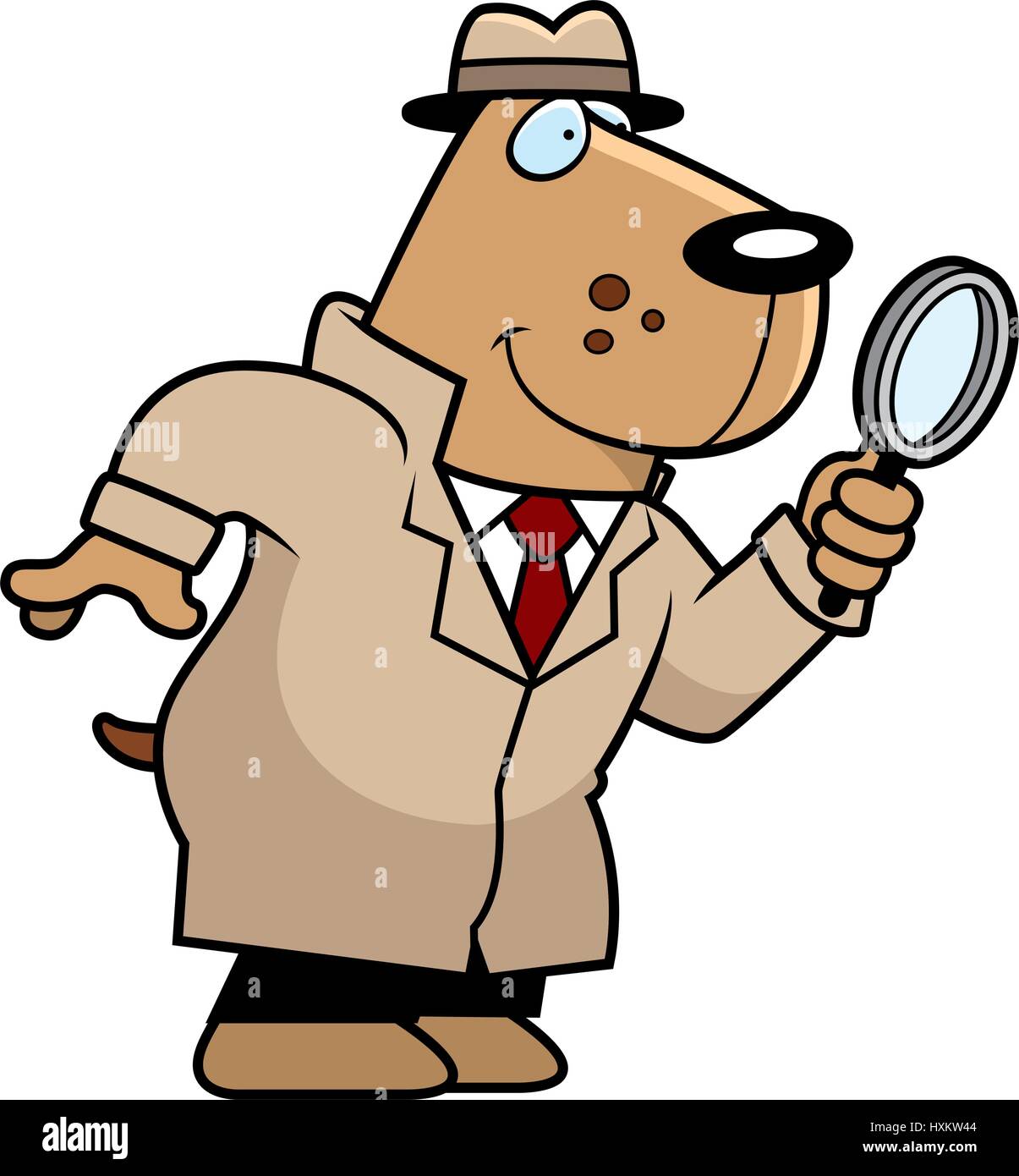 A cartoon illustration of a dog detective with a magnifying glass Stock