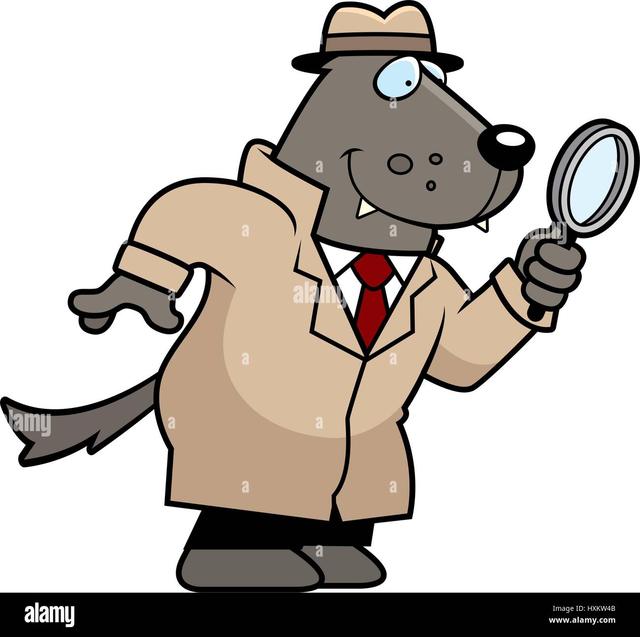 A cartoon illustration of a wolf detective investigating. Stock Vector