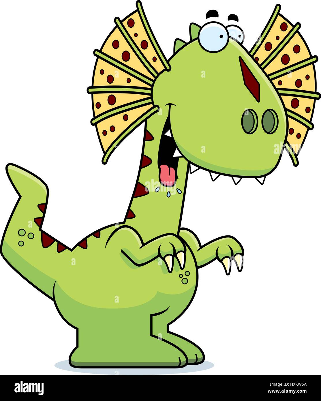 A cartoon illustration of a Dilophosaurus dinosaur looking hungry. Stock Vector