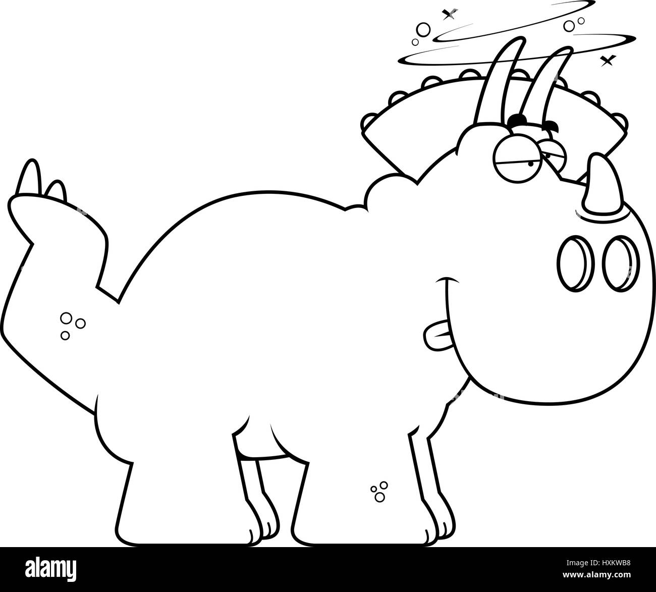 A cartoon illustration of a Triceratops dinosaur looking drunk. Stock Vector