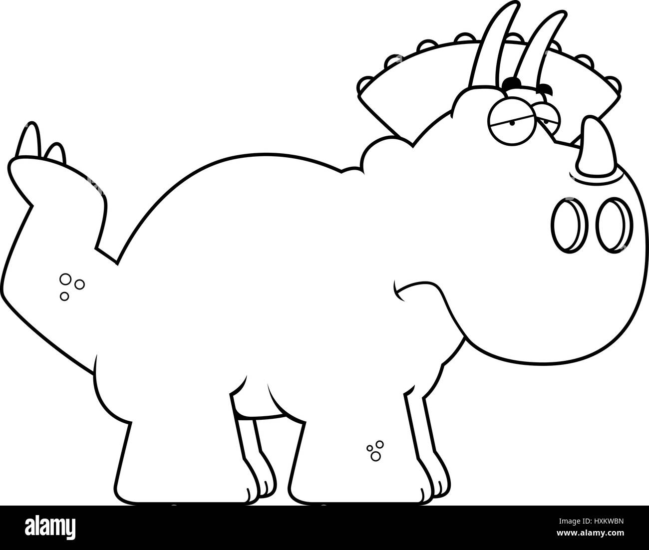 A cartoon illustration of a Triceratops dinosaur looking sad. Stock Vector