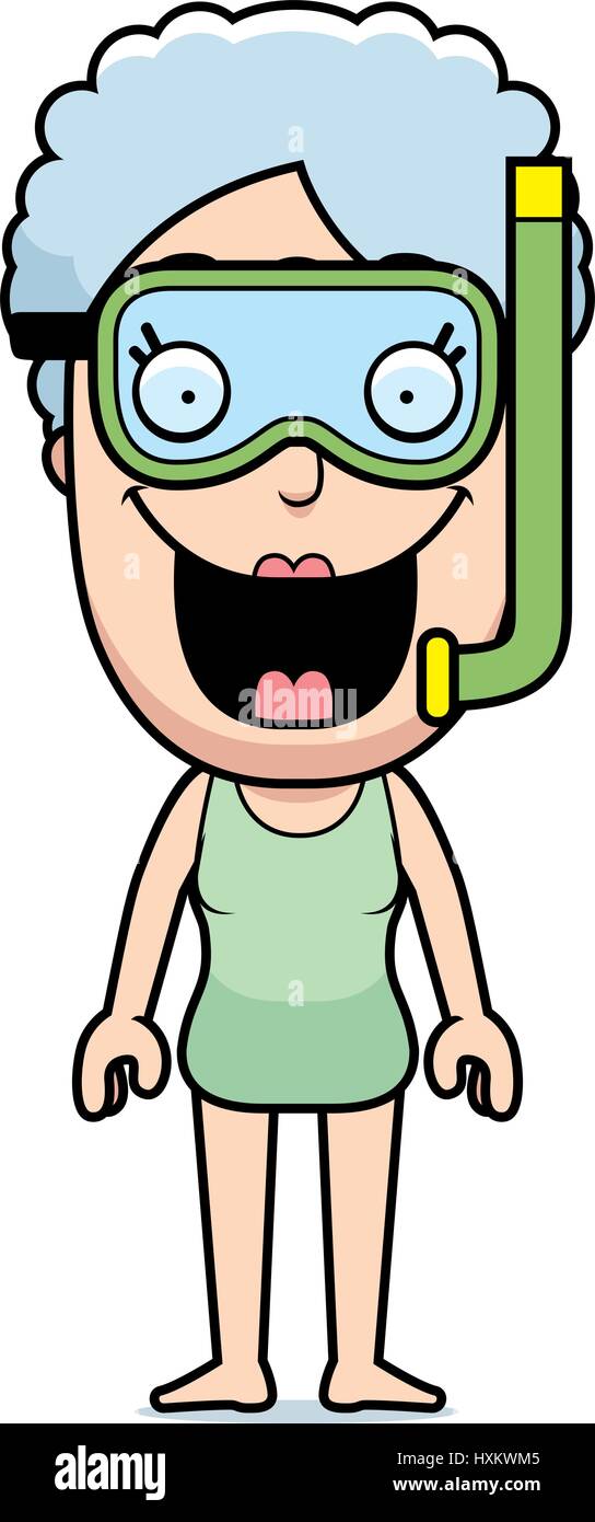A cartoon illustration of a woman with a snorkeling mask on Stock