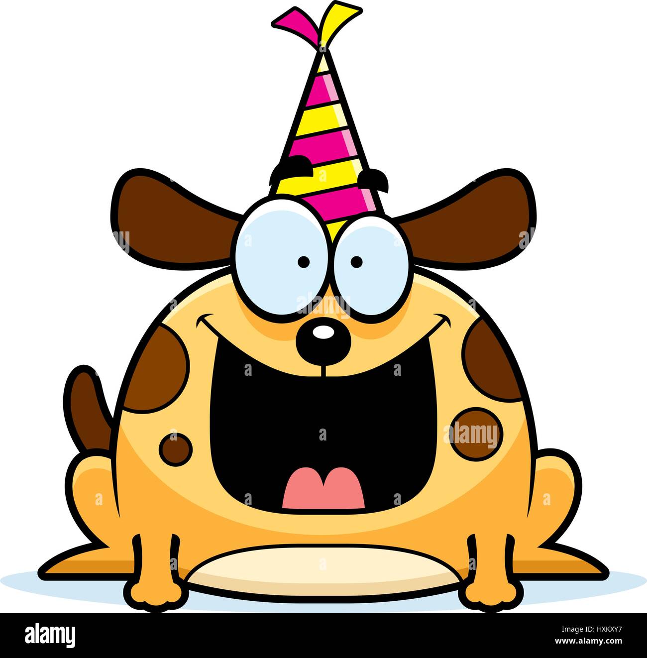 A cartoon illustration of a dog with a party hat looking happy Stock