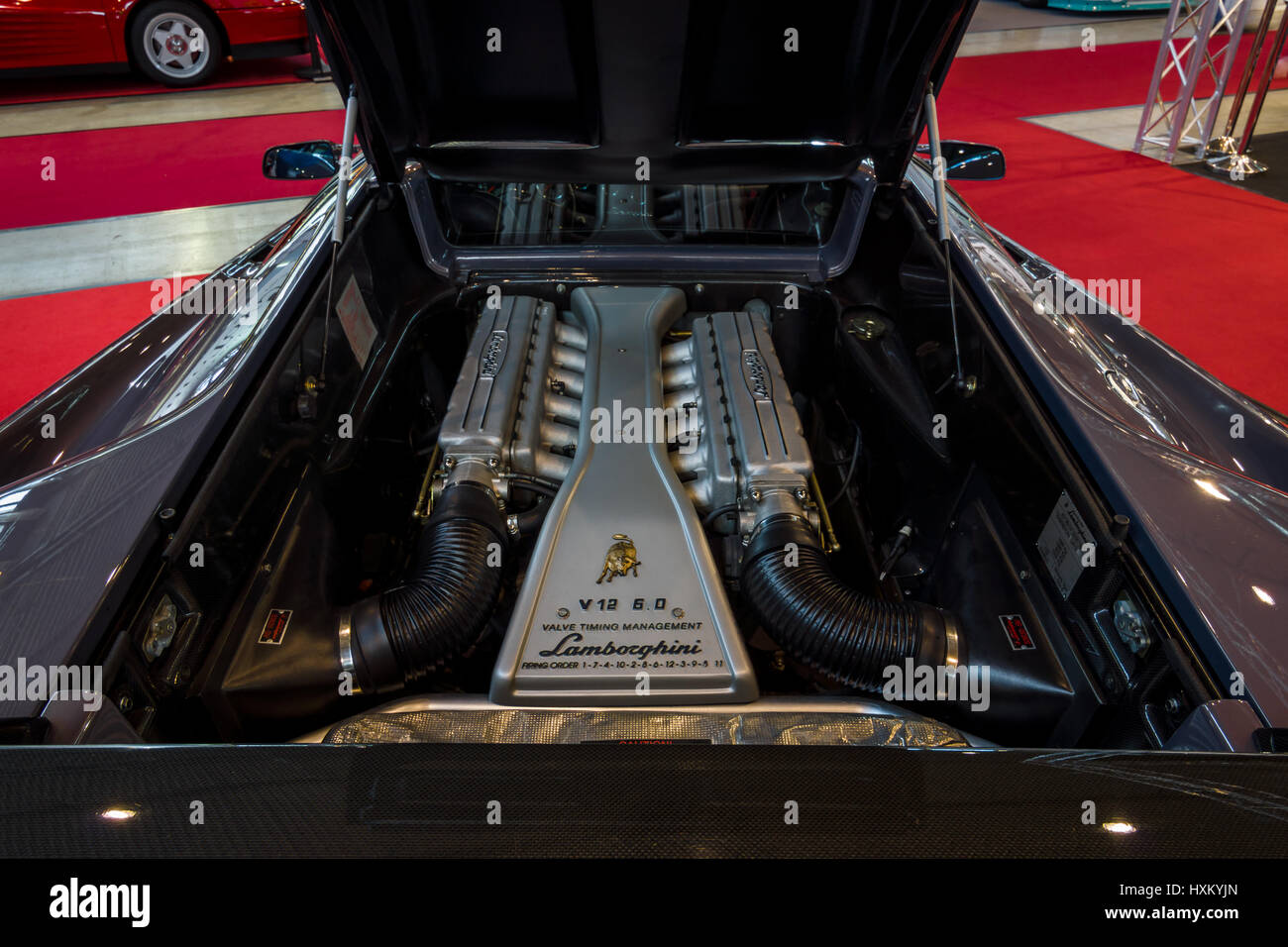 Engine compartment of a sports car Lamborghini Diablo VT , 2000.  Europe's greatest classic car exhibition 