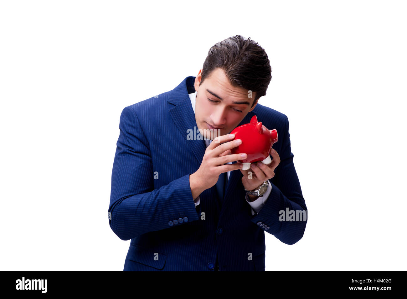 Handsome man with piggybank isolated on white Stock Photo - Alamy