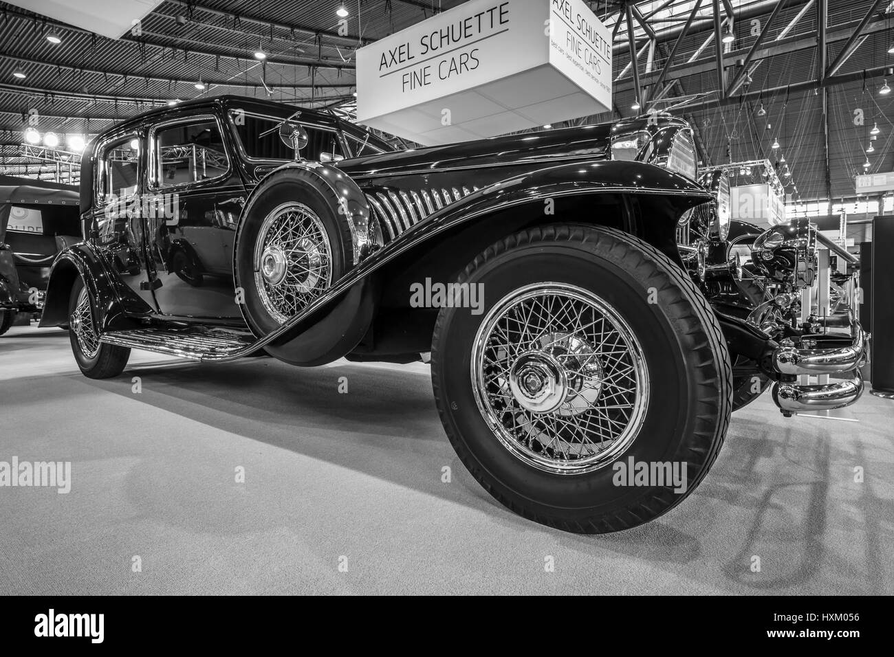 Full-size luxury car Duesenberg Model J La Grande, 1929. Black and white. Europe's greatest classic car exhibition 'RETRO CLASSICS' Stock Photo