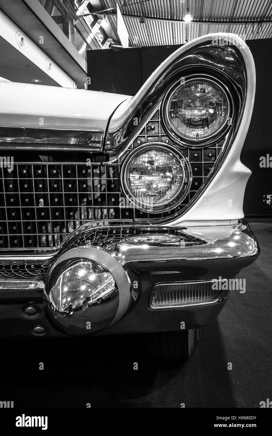 Fragment of personal luxury car Lincoln Continental Mark V convertible, 1960. Black and white. Stock Photo