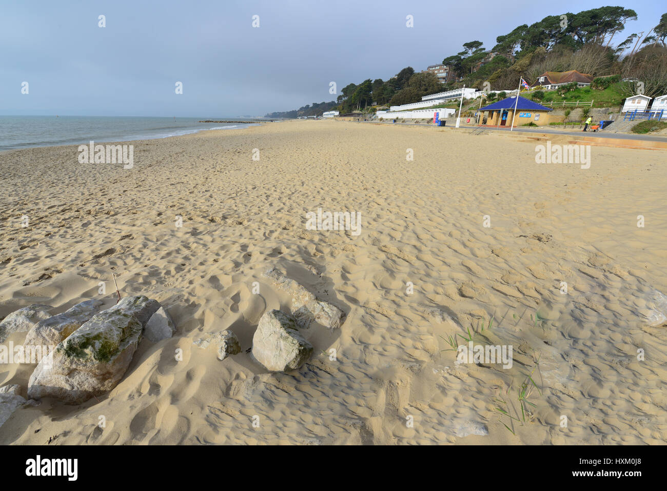 Branksome Chine beach at Bournemouth in Dorset on a spring morning, light cloud occasional sunshine. Stock Photo