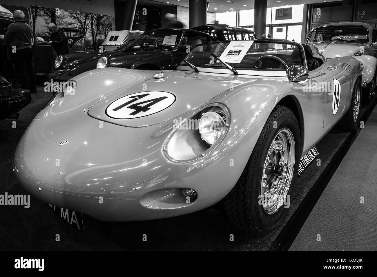 Racing car Porsche 718 RSK Spyder Tribute, 1970. Black and white. Europe's greatest classic car exhibition 'RETRO CLASSICS' Stock Photo