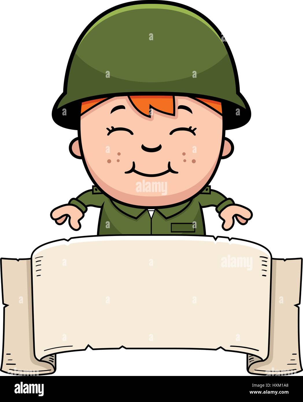 A cartoon illustration of an army soldier boy with a banner. Stock Vector