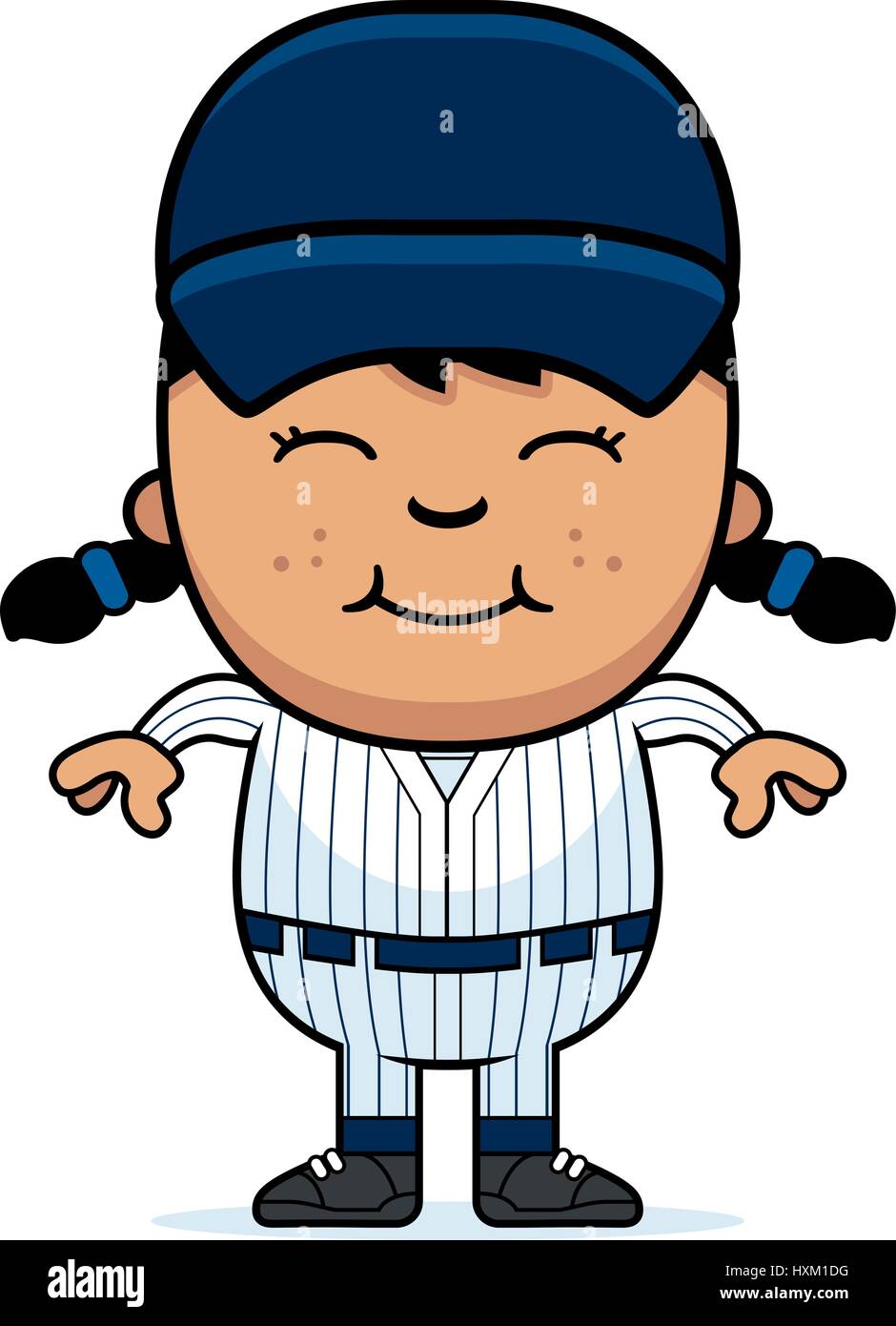 A cartoon illustration of a girl baseball player standing and smiling