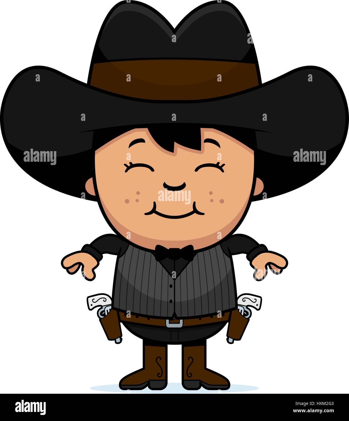 A cartoon illustration of a little gunfighter smiling. Stock Vector