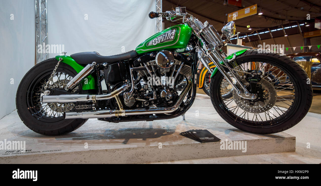 STUTTGART, GERMANY - MARCH 02, 2017: Classic motorcycle Harley-Davidson Shovelhead, 1980. Europe's greatest classic car exhibition 'RETRO CLASSICS' Stock Photo