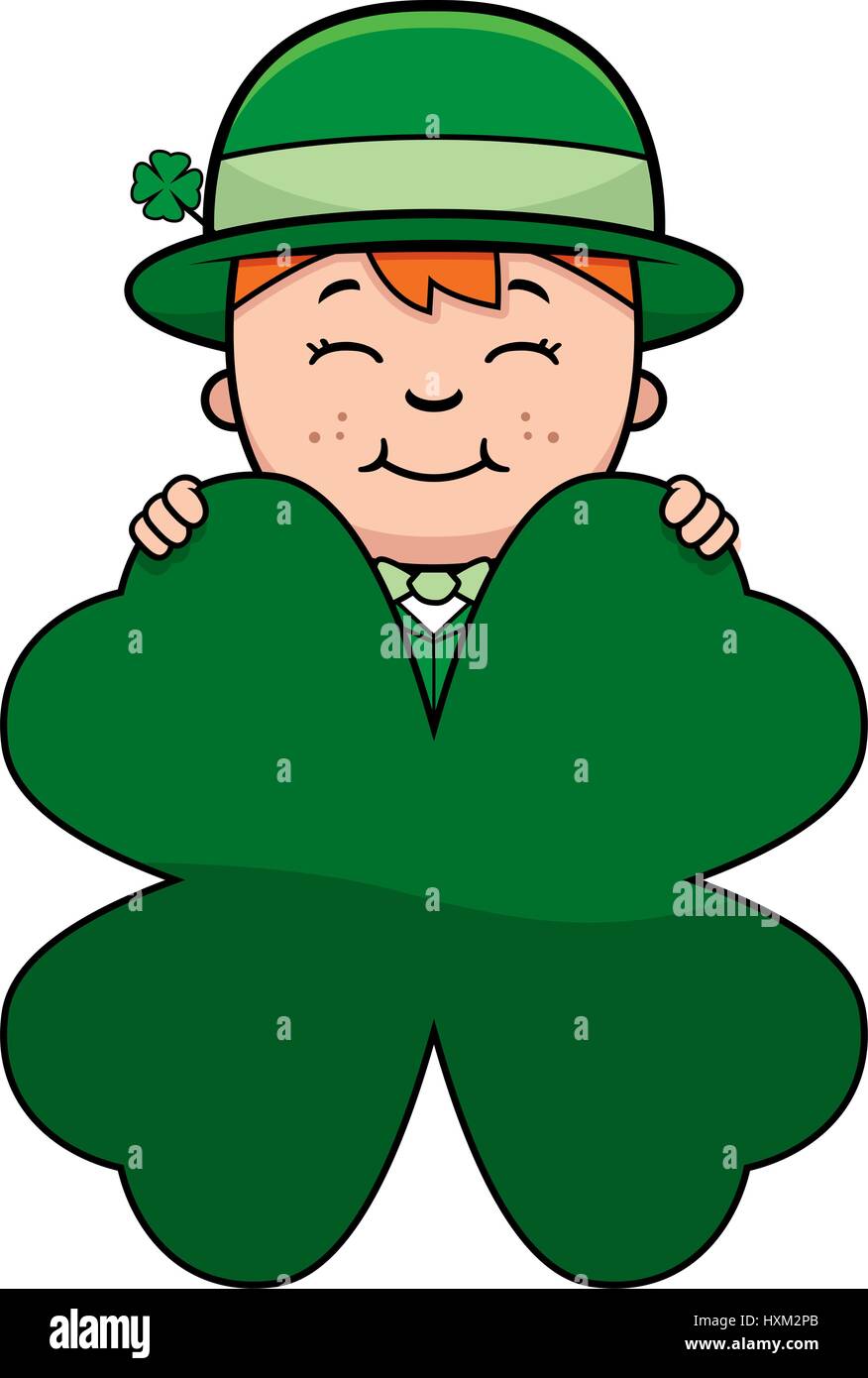 A cartoon illustration of a boy leprechaun with a shamrock Stock Vector