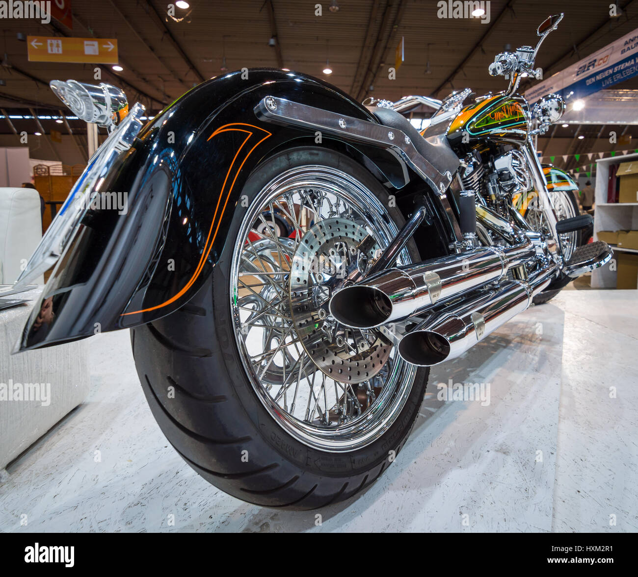 STUTTGART, GERMANY - MARCH 02, 2017: Classic motorcycle Harley-Davidson. Rear view. Europe's greatest classic car exhibition 'RETRO CLASSICS' Stock Photo