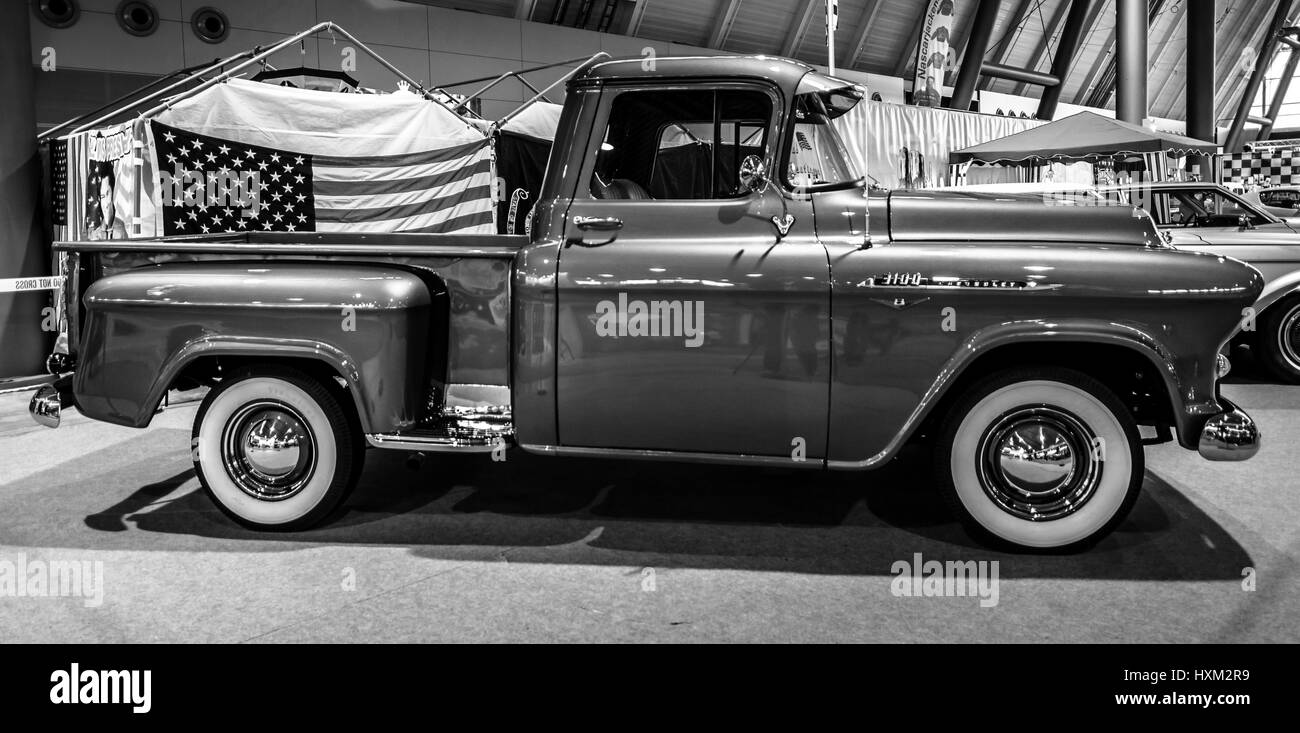 STUTTGART, GERMANY - MARCH 02, 2017: Pickup Chevrolet 3100, 1956. Black and white. Europe's greatest classic car exhibition 'RETRO CLASSICS' Stock Photo