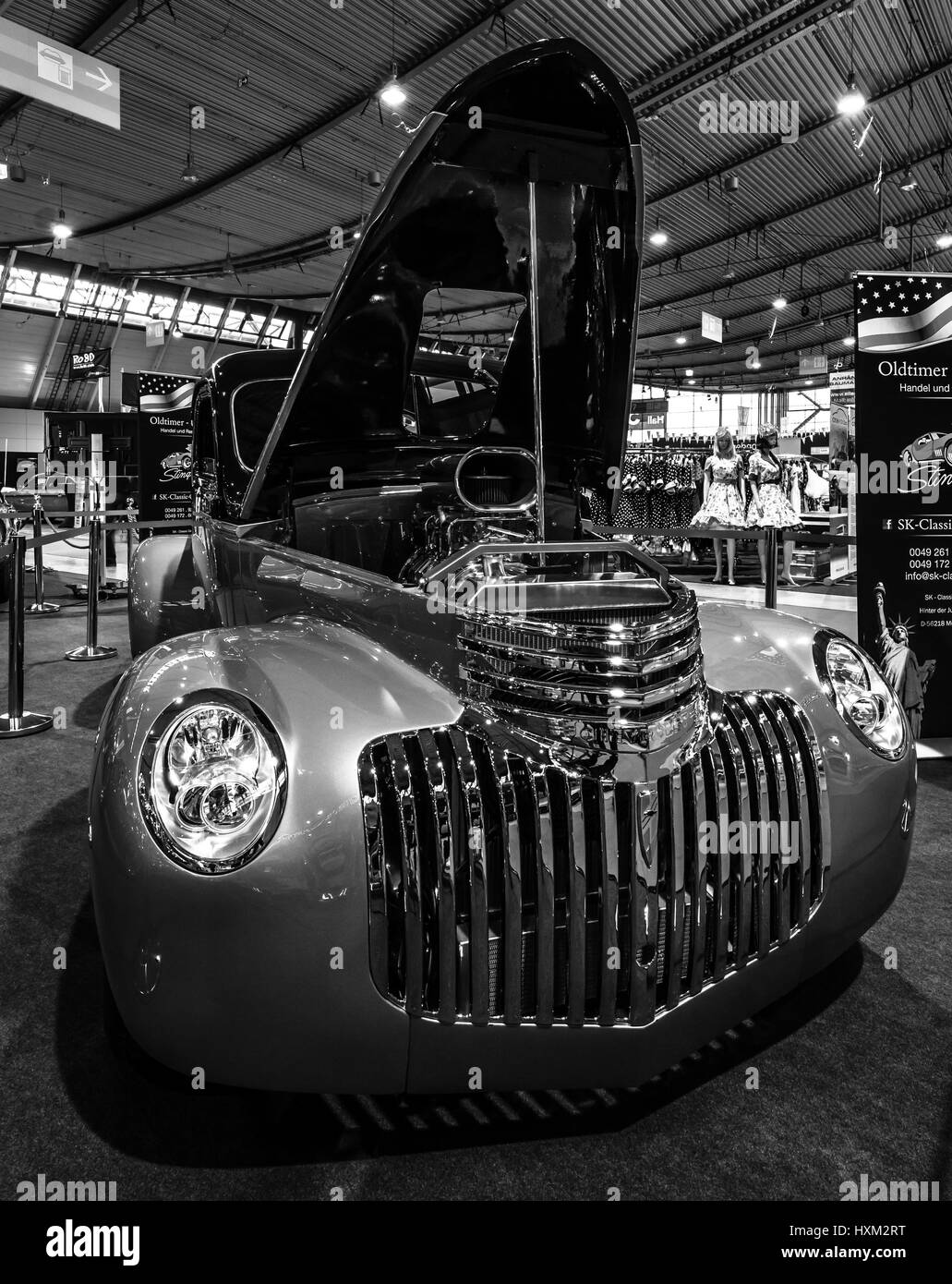 STUTTGART, GERMANY - MARCH 02, 2017: Pickup Chevrolet AK Series, 1946. Black and white. Europe's greatest classic car exhibition 'RETRO CLASSICS' Stock Photo