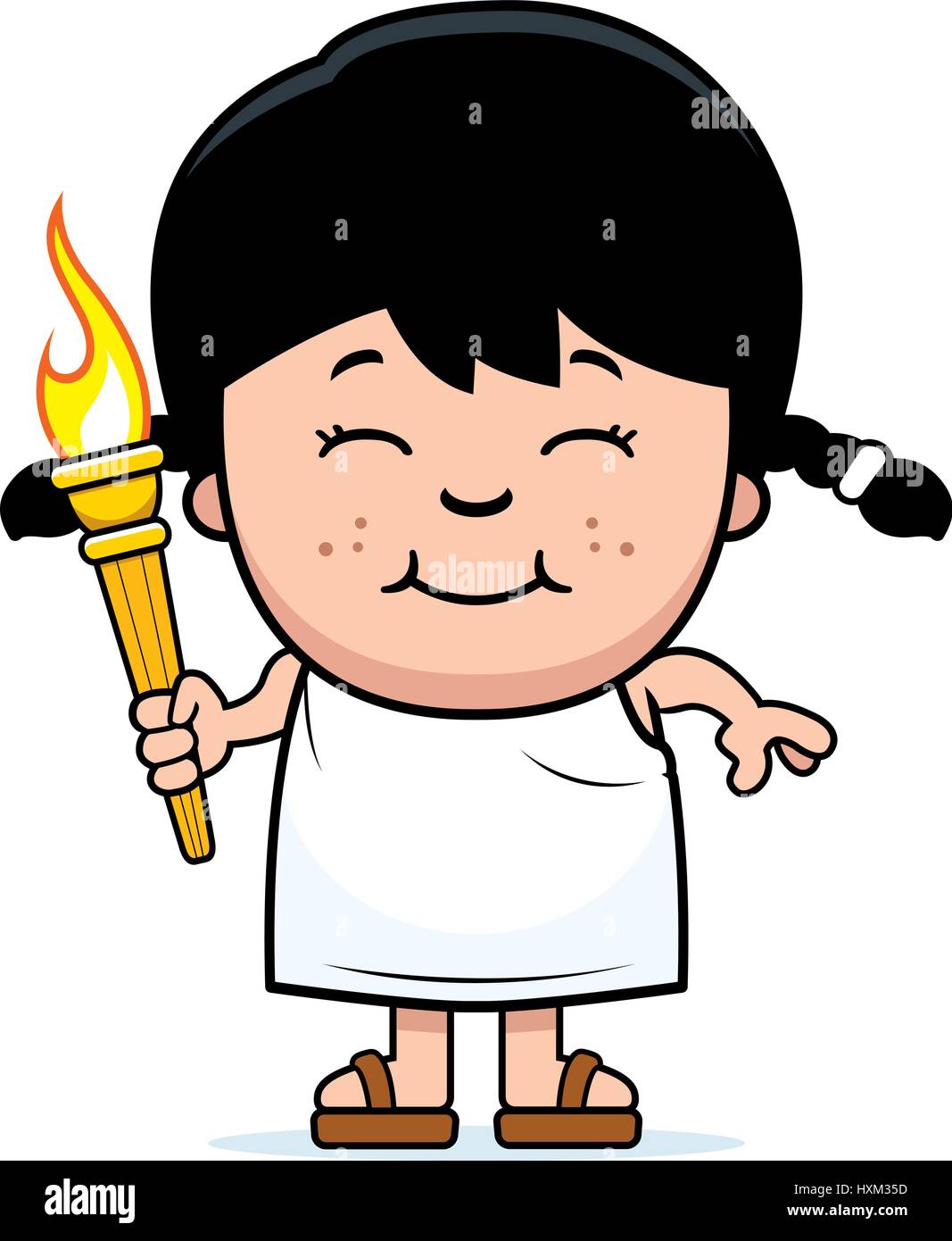 A cartoon illustration of a Greek girl holding the Olympic torch Stock