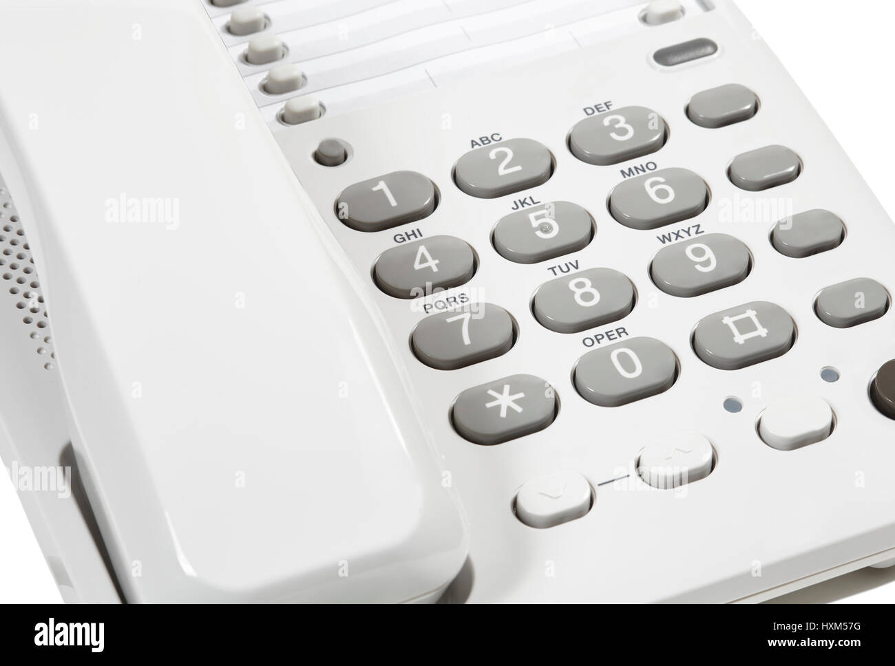 Close up of buttons on a landline phone with handset  isolated on white Stock Photo