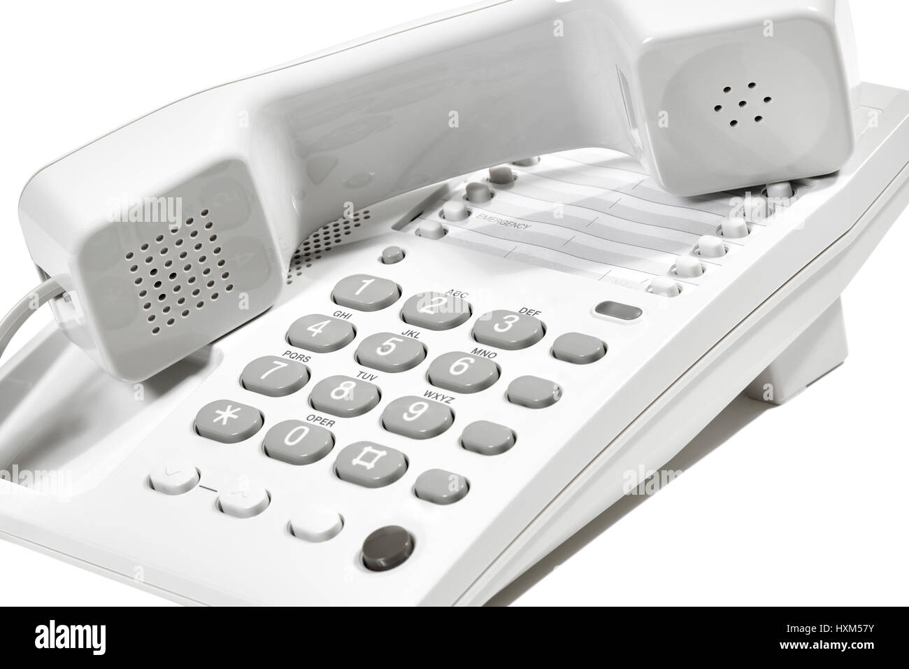 Receiver of land line telephone off the hook isolated on white Stock