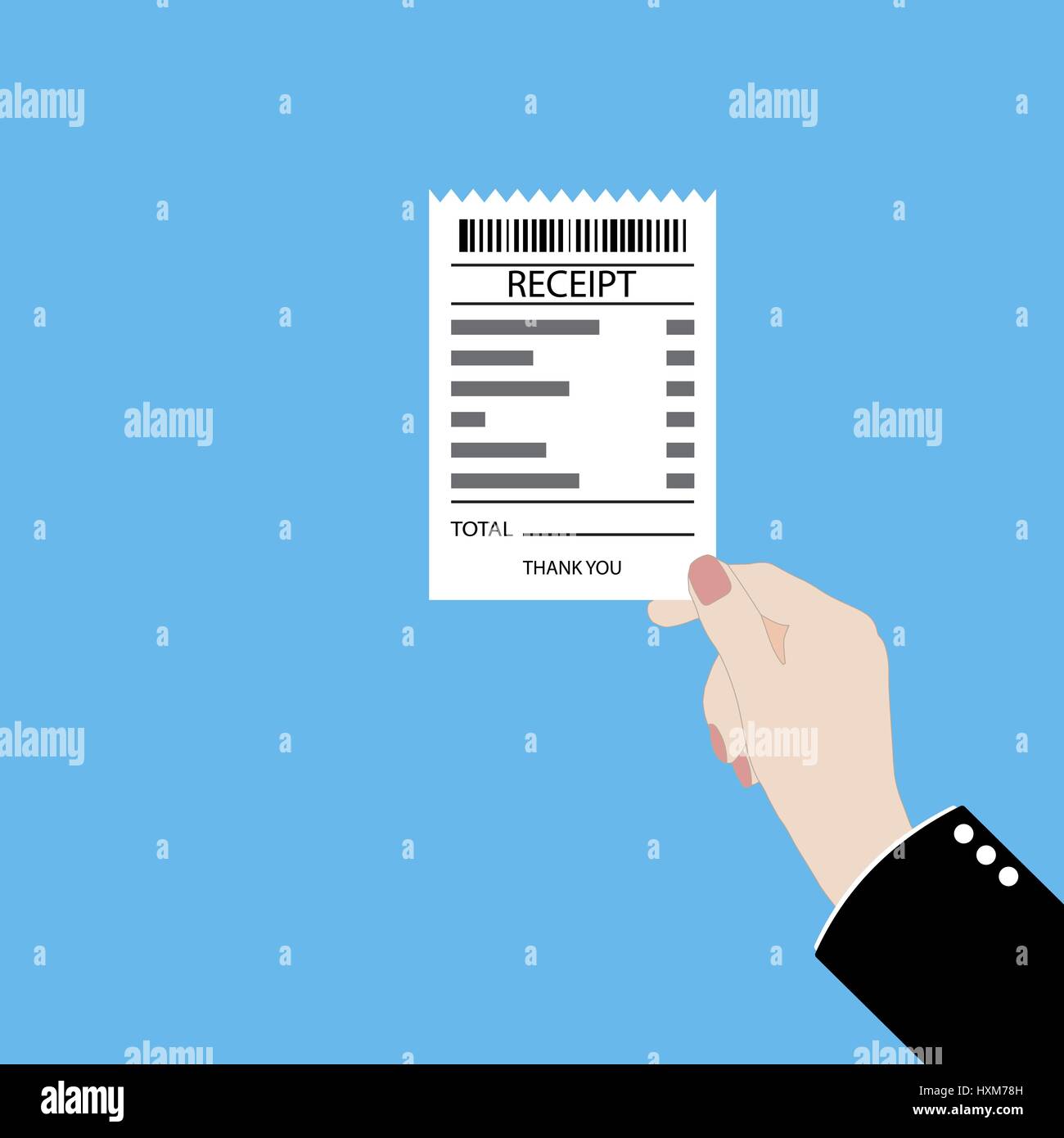 Hand holding receipt vector flat illustration on color background. Stock Vector