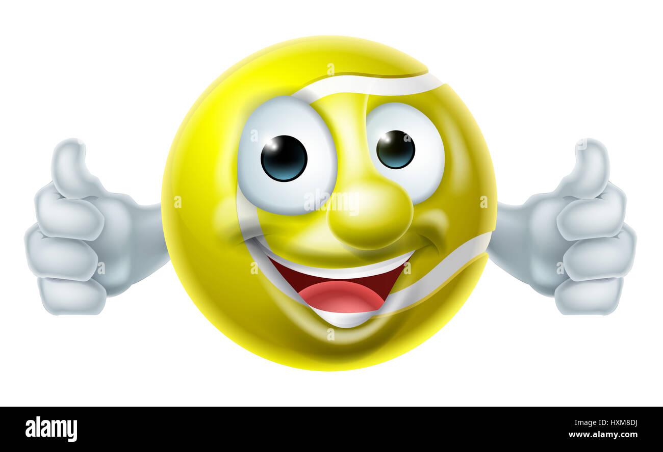 Cartoon tennis ball man mascot character doing thumbs up Stock Photo