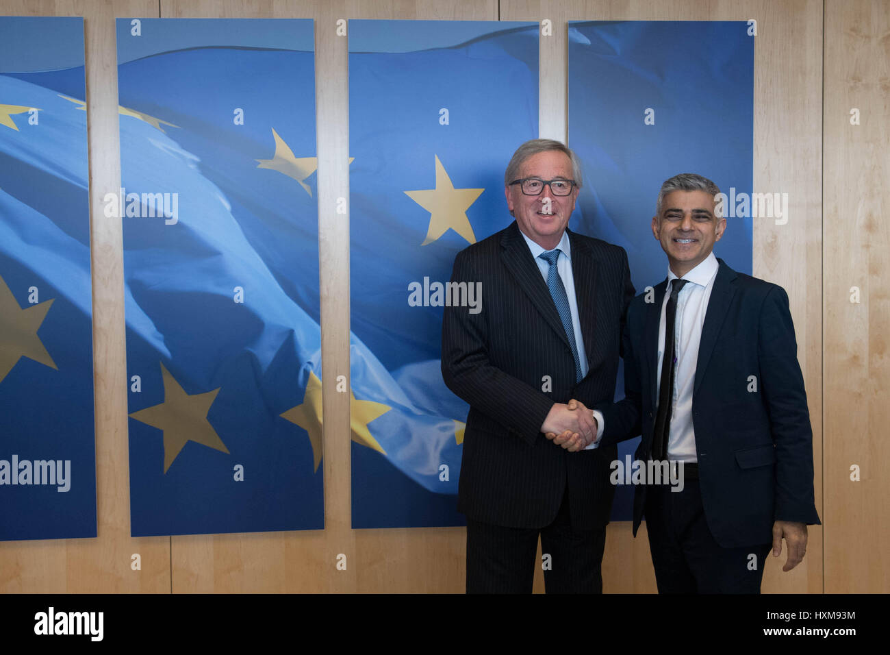 Mayor of London Sadiq Khan meets Jean-Claude Juncker, President of the European Commission at the European Commission in Brussels during the mayor's three day visit to Paris and Brussels where he will meet EU leaders and officials to talk about Brexit and the recent terror attack in London. Stock Photo