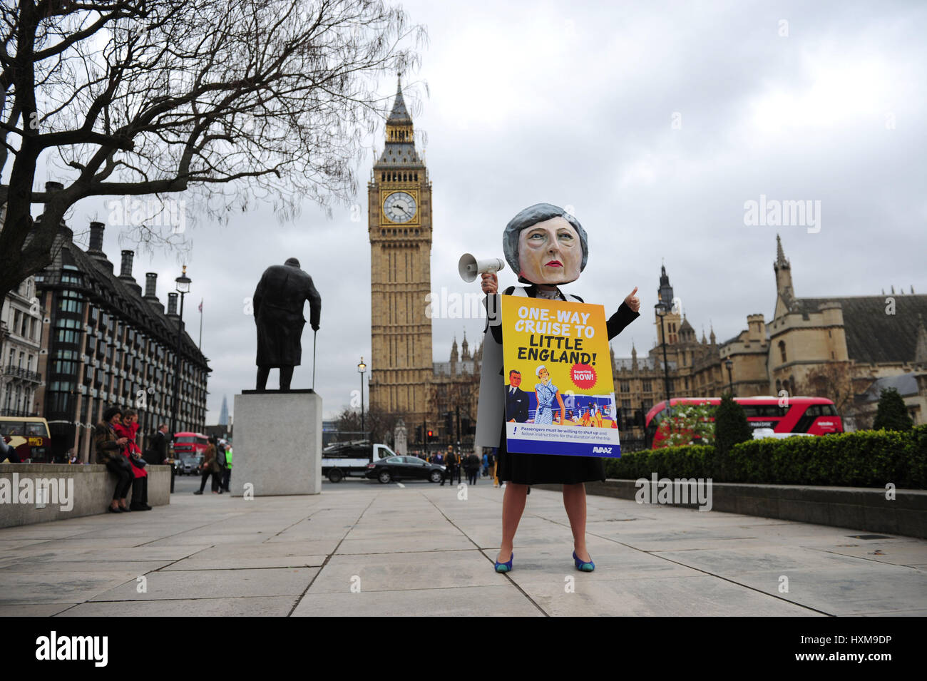 A giant headed Theresa May in Parliament Square, London during a protest by Avaaz after PM signed a letter to trigger Article 50 that starts the formal exit process by the UK from the European Union. Stock Photo