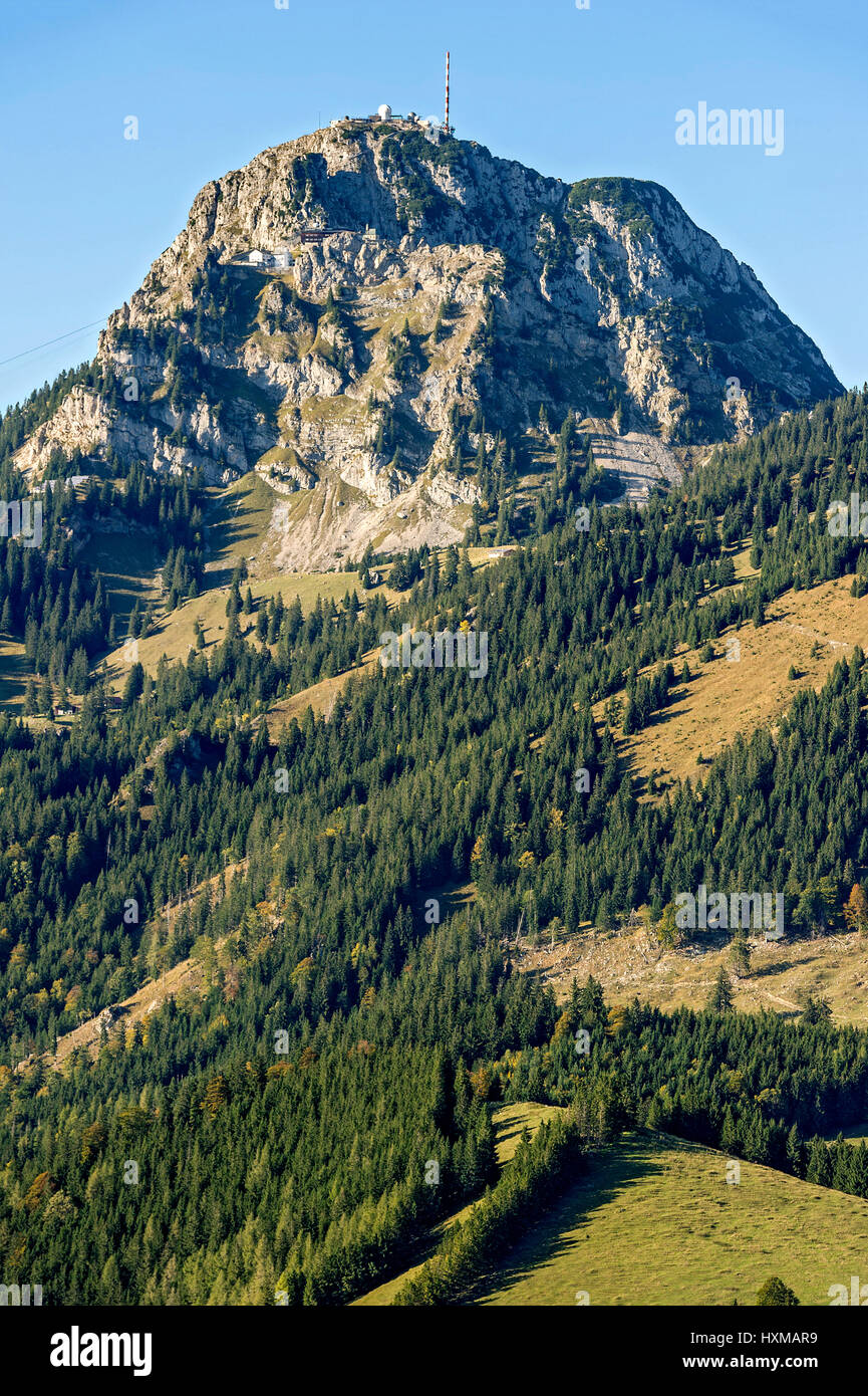 Wendelstein with transmitter of BR and observatory at top, Wendelsteinbahn mountain station, Mangfall mountains Stock Photo