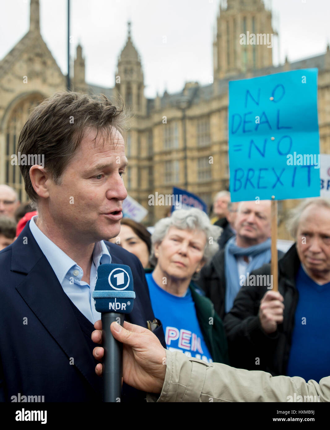 Nick Clegg joins members of Open Britain, which campaigns for a soft Brexit in Parliament Square, London after the Prime Minister Theresa May signed a letter to trigger Article 50 that starts the formal exit process by the UK from the European Union. Stock Photo